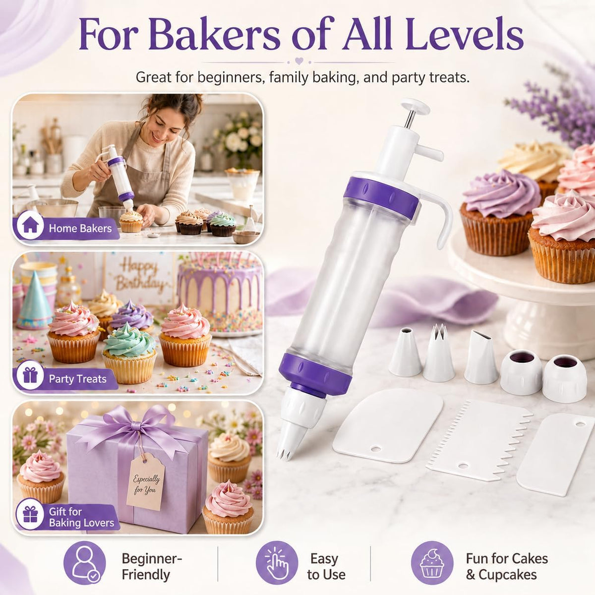 Frosting Piping Kit with Syringe Dispenser, 7 Nozzles, 3 Cake Scrapers