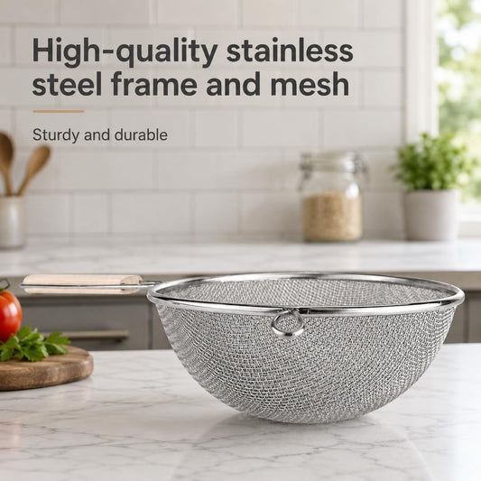 8-Inch Stainless Steel Double Mesh Food Strainer Colander - Fine Sieve Sifter with Wooden Handle for Kitchen Cooking, Pasta, Rice, Noodles, and More