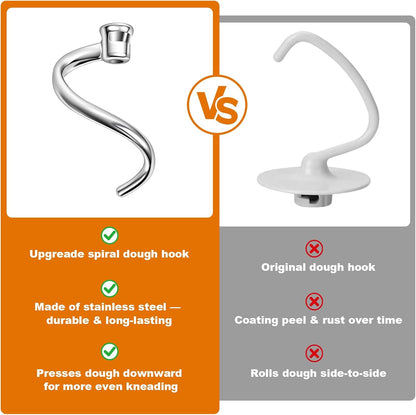 Stainless Steel Spiral Dough Hook for Kitchen Aid 4.5QT / 5QT Tilt-Head Mixers, Dishwasher Safe, Dough Hook Attachment - Efficient Kneading for Bread, Pizza, Pasta, Cookies
