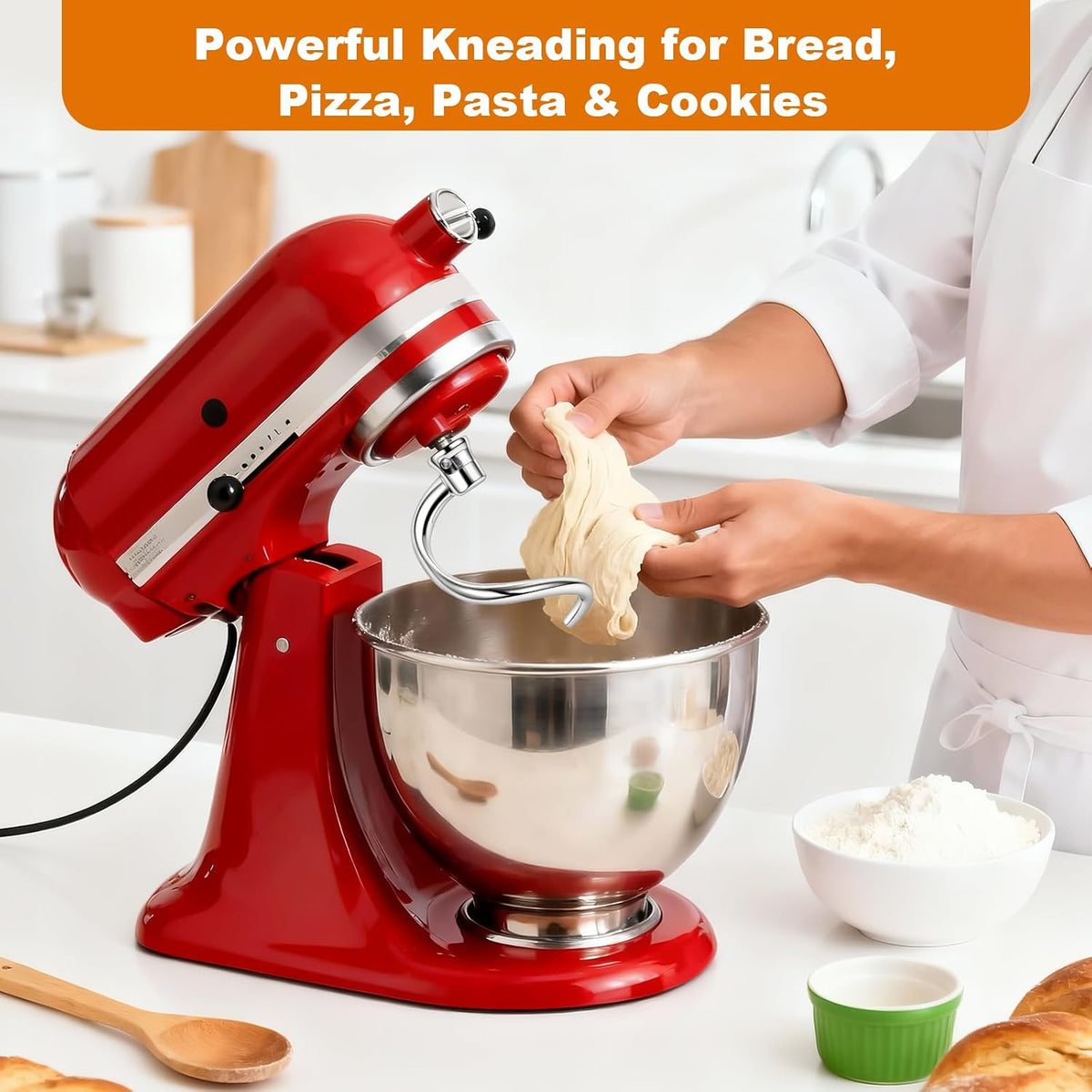 Stainless Steel Spiral Dough Hook for Kitchen Aid 4.5QT / 5QT Tilt-Head Mixers, Dishwasher Safe, Dough Hook Attachment - Efficient Kneading for Bread, Pizza, Pasta, Cookies
