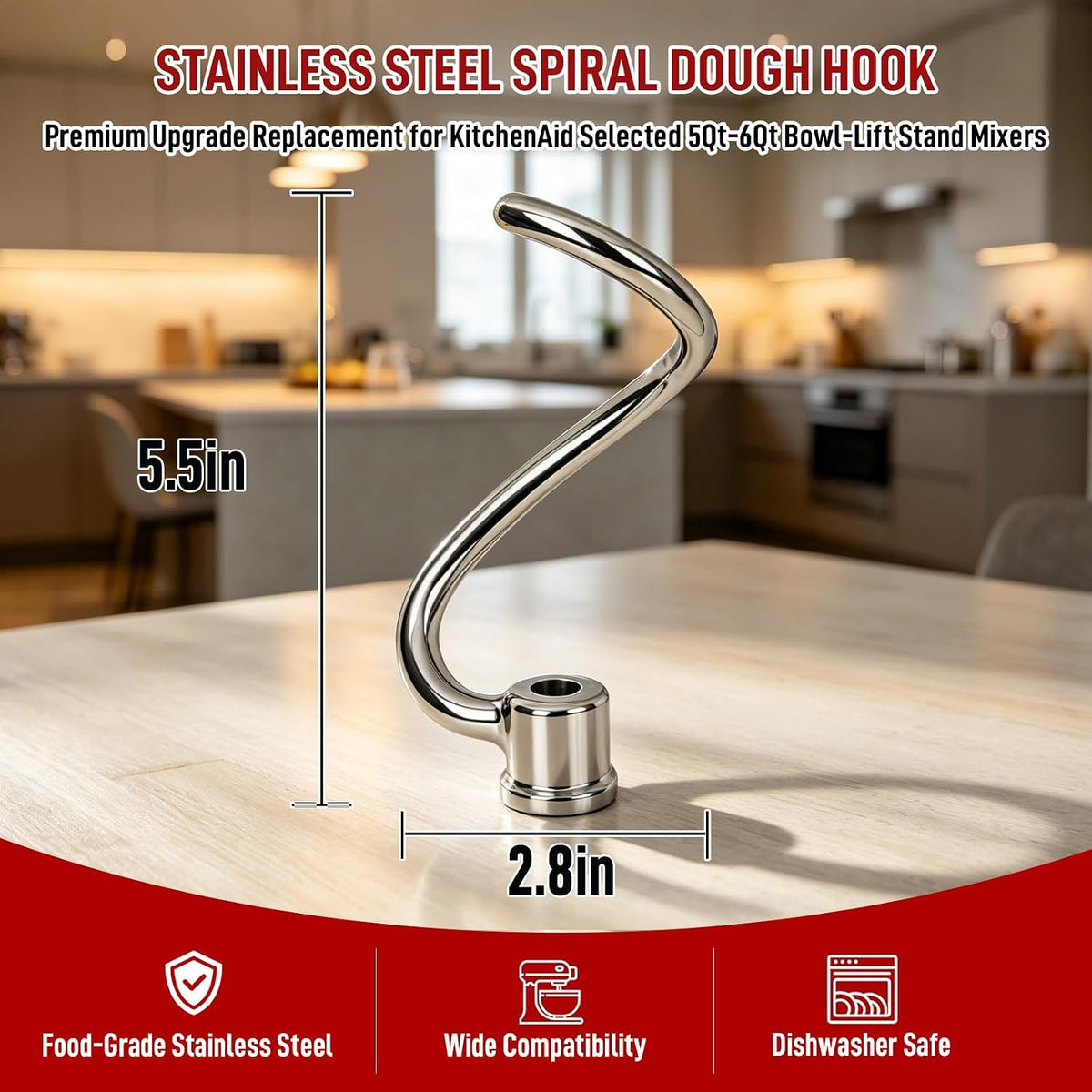 Stainless Steel Spiral Dough Hook for Kitchen Aid 4.5QT / 5QT Tilt-Head Mixers, Dishwasher Safe, Dough Hook Attachment - Efficient Kneading for Bread, Pizza, Pasta, Cookies