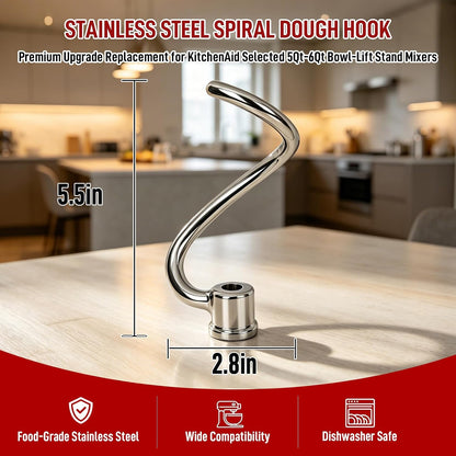 Stainless Steel Spiral Dough Hook for Kitchen Aid 4.5QT / 5QT Tilt-Head Mixers, Dishwasher Safe, Dough Hook Attachment - Efficient Kneading for Bread, Pizza, Pasta, Cookies
