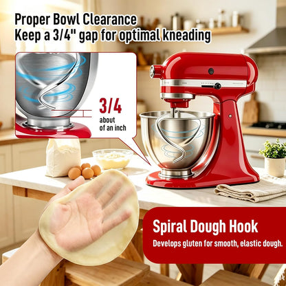 Stainless Steel Spiral Dough Hook for Kitchen Aid 4.5QT / 5QT Tilt-Head Mixers, Dishwasher Safe, Dough Hook Attachment - Efficient Kneading for Bread, Pizza, Pasta, Cookies