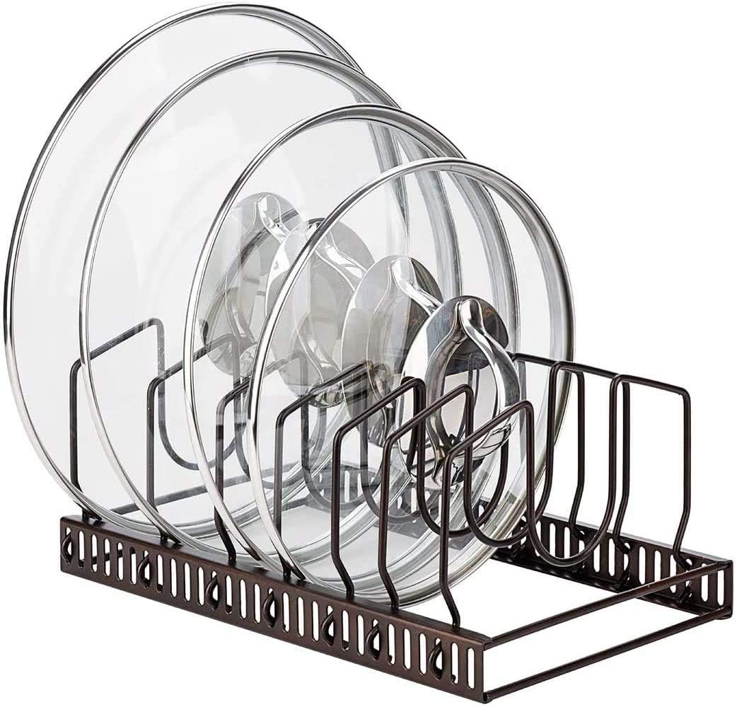 Pot Lids Organizer Rack for Cabinet and Countertop, 7+ Pan Lids and Bakeware Organizer Rack Holder with 7 Adjustable Compartments - Brown