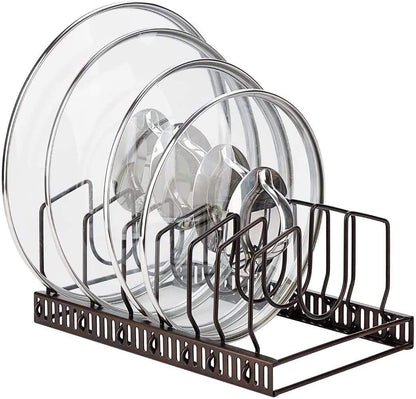 Pot Lids Organizer Rack for Cabinet and Countertop, 7+ Pan Lids and Bakeware Organizer Rack Holder with 7 Adjustable Compartments - Brown