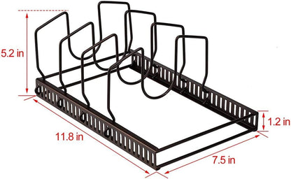 Pot Lids Organizer Rack for Cabinet and Countertop, 7+ Pan Lids and Bakeware Organizer Rack Holder with 7 Adjustable Compartments - Brown