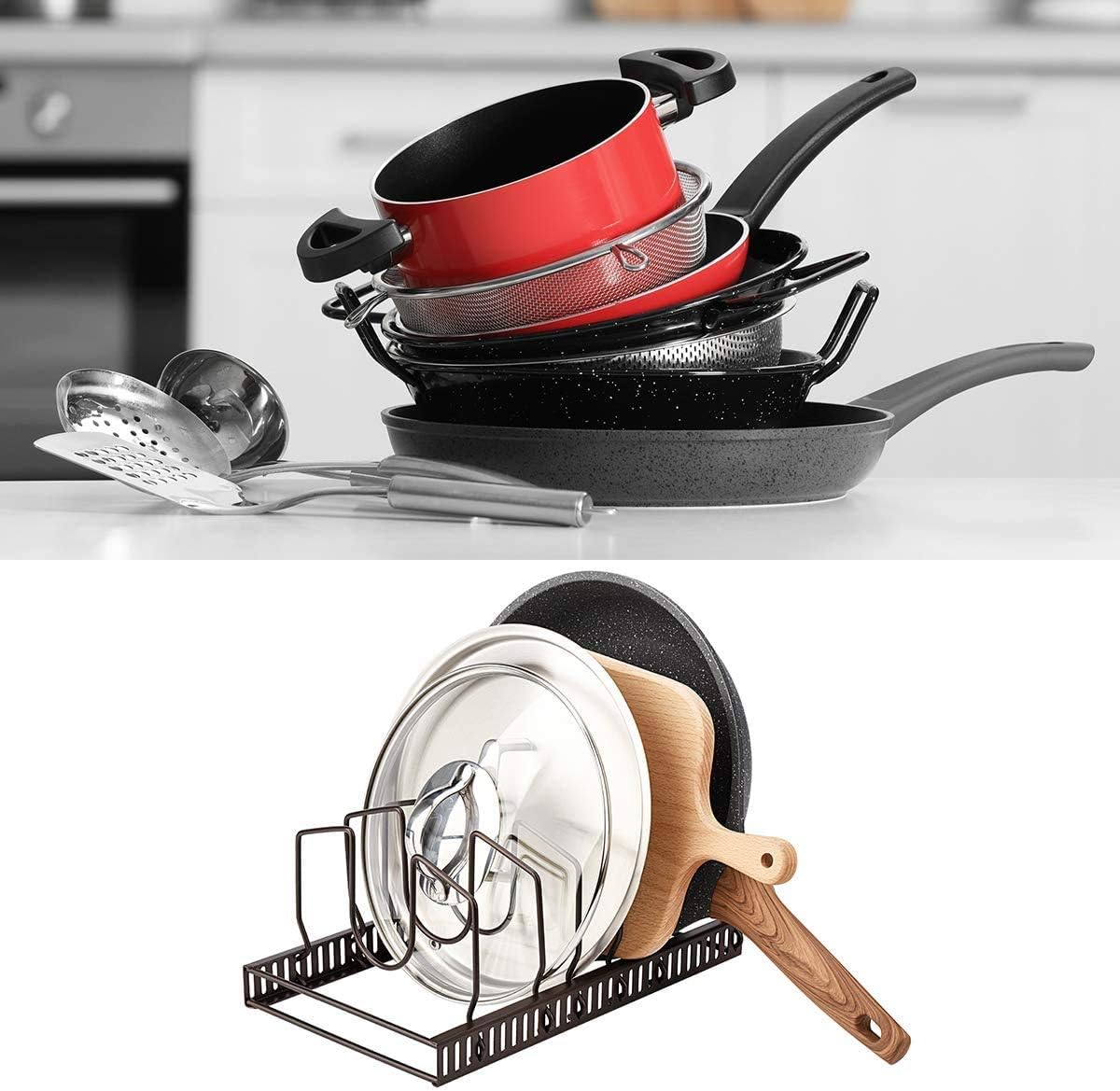 Pot Lids Organizer Rack for Cabinet and Countertop, 7+ Pan Lids and Bakeware Organizer Rack Holder with 7 Adjustable Compartments - Brown