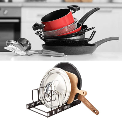 Pot Lids Organizer Rack for Cabinet and Countertop, 7+ Pan Lids and Bakeware Organizer Rack Holder with 7 Adjustable Compartments - Brown