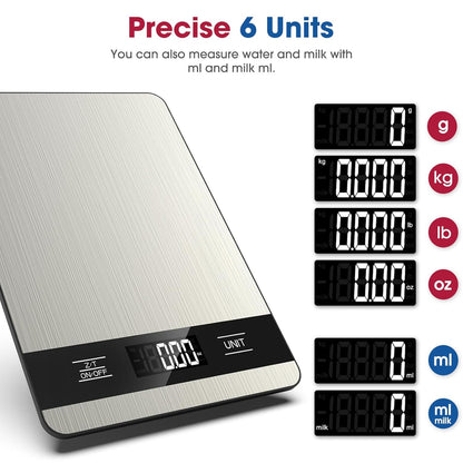 Food Scale, 11lb Digital Kitchen Scale with LCD Display 6 Units Tare Function, Stainless Steel Weight Grams and Ounces for Baking, Cooking and Meal Prep (Batteries Included)