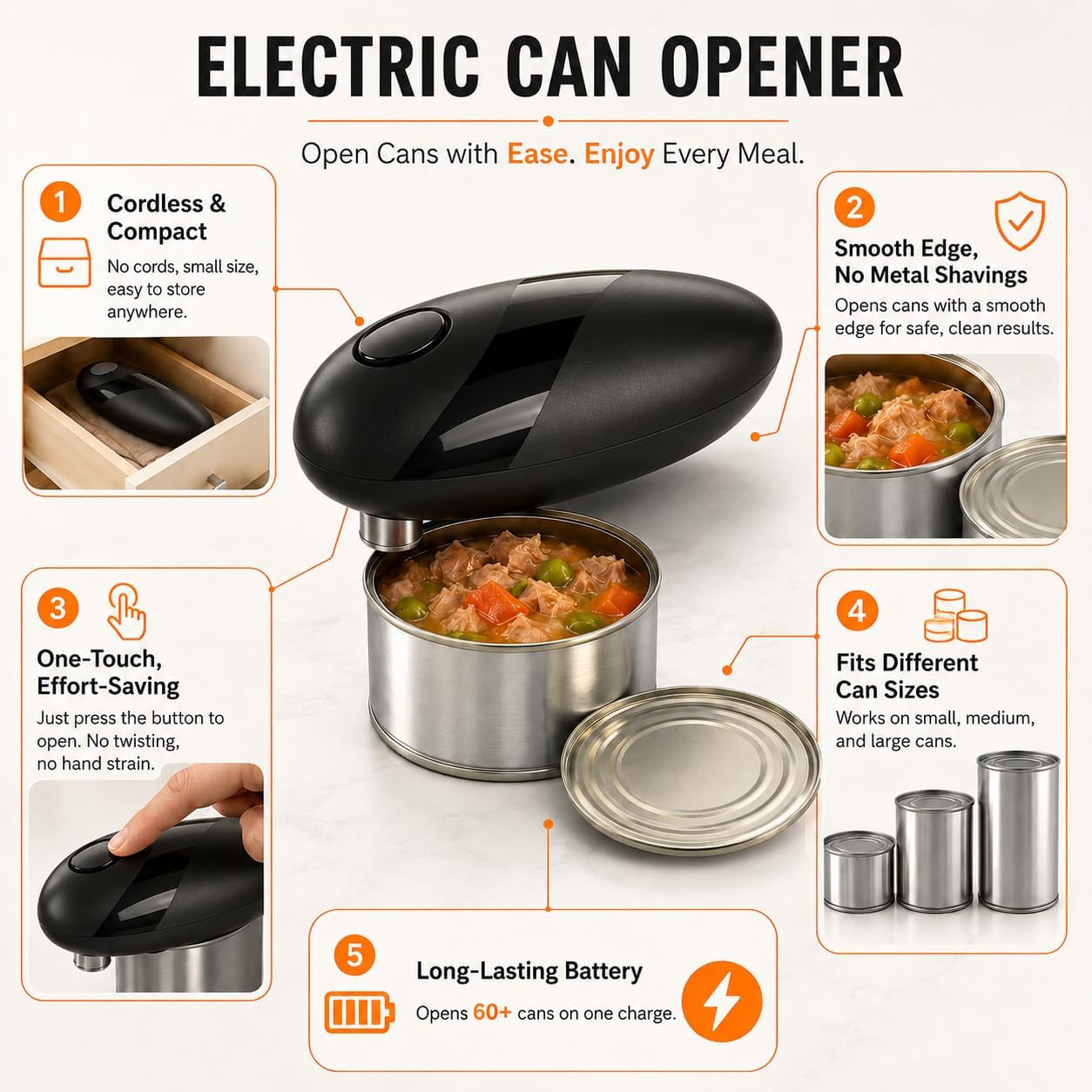 Battery Electric Can Opener, One-Touch,Hands-Free,Smooth Edge,Black,Compact | Effortless safe Automatic Fits Most Round & Square Cans Cord-Free Convenience Camping Kitchens RVs Beginner-Friendly