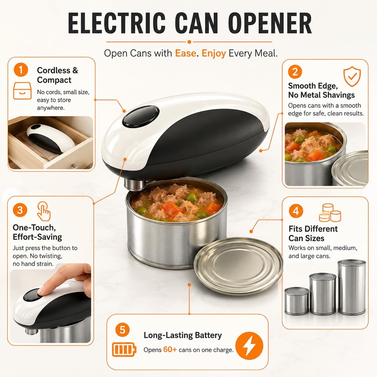 Battery Electric Can Opener, One-Touch,Hands-Free,Smooth Edge,Black,Compact | Effortless safe Automatic Fits Most Round & Square Cans Cord-Free Convenience Camping Kitchens RVs Beginner-Friendly