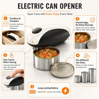 Battery Electric Can Opener, One-Touch,Hands-Free,Smooth Edge,Black,Compact | Effortless safe Automatic Fits Most Round & Square Cans Cord-Free Convenience Camping Kitchens RVs Beginner-Friendly