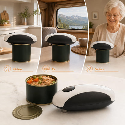 Battery Electric Can Opener, One-Touch,Hands-Free,Smooth Edge,Black,Compact | Effortless safe Automatic Fits Most Round & Square Cans Cord-Free Convenience Camping Kitchens RVs Beginner-Friendly