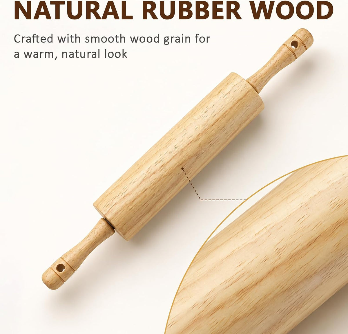 Natural Rubberwood Rolling Pin with Handles – Smooth Dough Roller for Pizza, Pie Crust, Cookies, Fondant & Tortillas – Durable Kitchen Baking Essential, Rodillo Para Masa