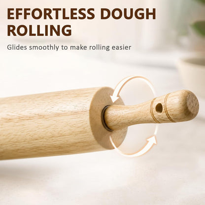 Natural Rubberwood Rolling Pin with Handles – Smooth Dough Roller for Pizza, Pie Crust, Cookies, Fondant & Tortillas – Durable Kitchen Baking Essential, Rodillo Para Masa