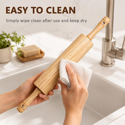 Natural Rubberwood Rolling Pin with Handles – Smooth Dough Roller for Pizza, Pie Crust, Cookies, Fondant & Tortillas – Durable Kitchen Baking Essential, Rodillo Para Masa