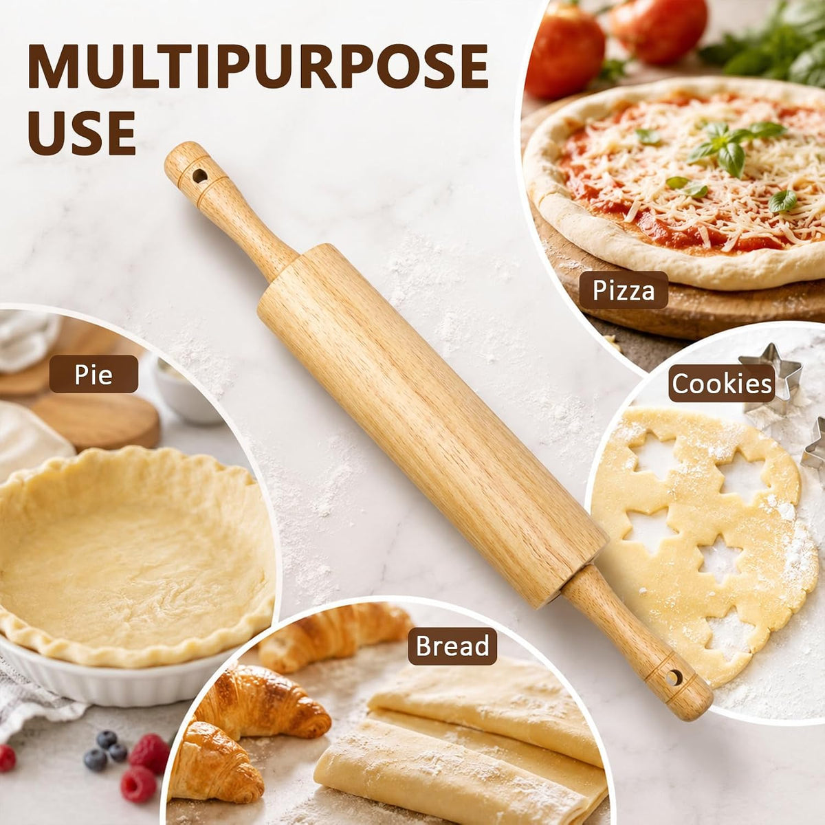 Natural Rubberwood Rolling Pin with Handles – Smooth Dough Roller for Pizza, Pie Crust, Cookies, Fondant & Tortillas – Durable Kitchen Baking Essential, Rodillo Para Masa