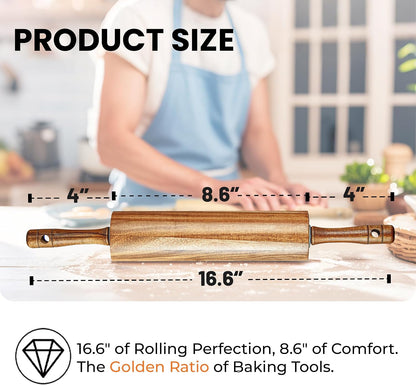 Natural Rubberwood Rolling Pin with Handles – Smooth Dough Roller for Pizza, Pie Crust, Cookies, Fondant & Tortillas – Durable Kitchen Baking Essential, Rodillo Para Masa