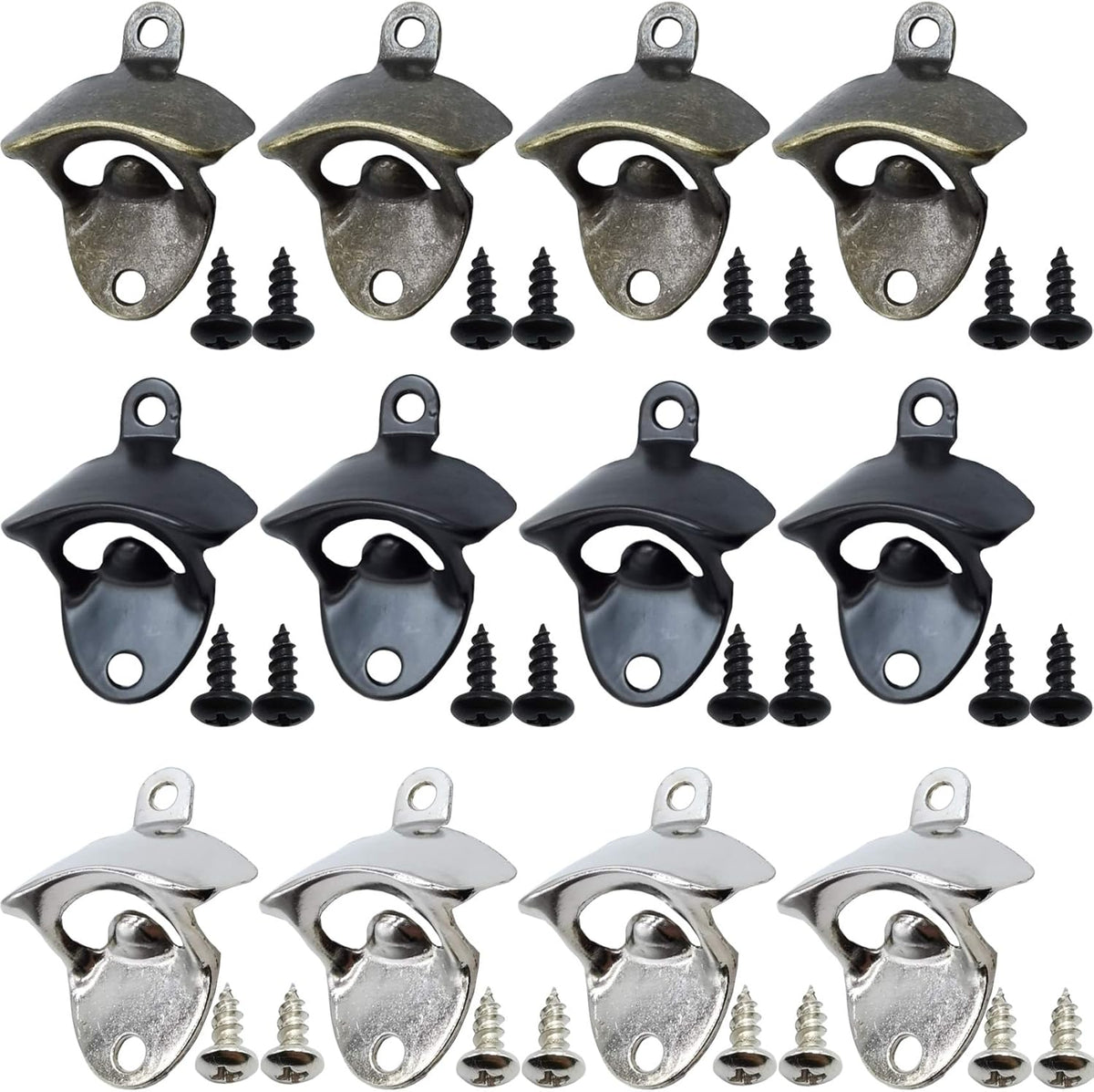 12PCS Wall Mounted Bottle Opener Vintage Beer Bottle Opener Suitable for Bars KTV Hotels Homes (Black+Silver+Green Bronze)