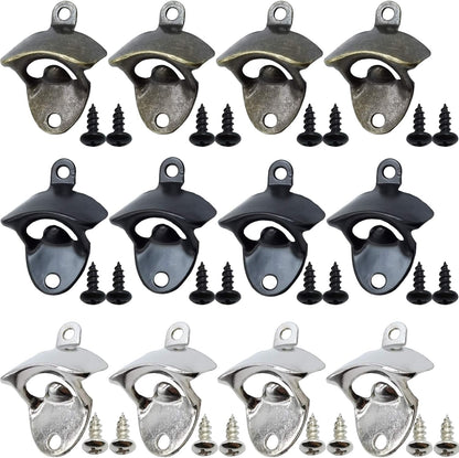 12PCS Wall Mounted Bottle Opener Vintage Beer Bottle Opener Suitable for Bars KTV Hotels Homes (Black+Silver+Green Bronze)
