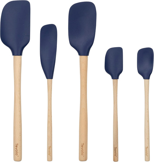 Silicone Spatula with Wooden Handle Set of 5 Piece Silicone Kitchen Utensil Set Spoonula Jar Scraper Mini Spatula and Spoonula for Cooking Baking Mixing Folding Deep Indigo