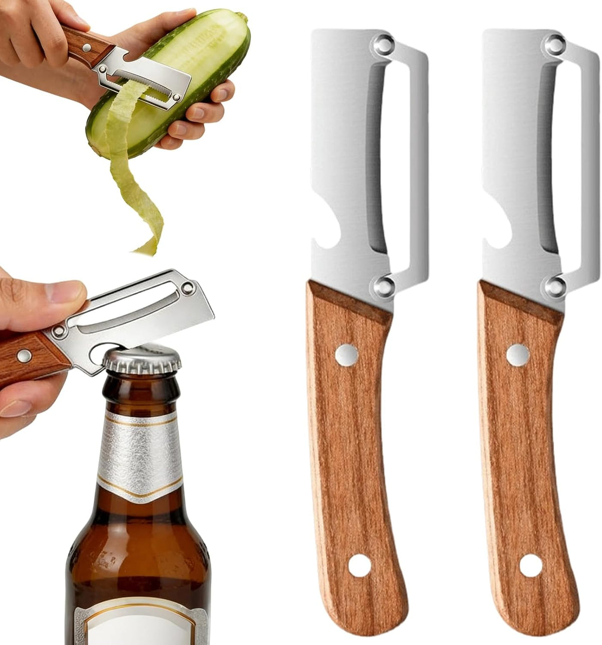 2 Pcs Multi-Functional Vegetable Peeler For Kitchen,Fruit Peeler,Potato Peeler,Stainless Steel Blade,With Wooden Handle And Bottle Opener, Kitchen Peeling Tool For Fruits Potatoes Apples Carrots