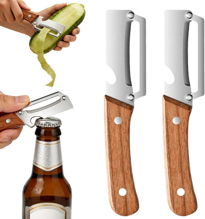 2 Pcs Multi-Functional Vegetable Peeler For Kitchen,Fruit Peeler,Potato Peeler,Stainless Steel Blade,With Wooden Handle And Bottle Opener, Kitchen Peeling Tool For Fruits Potatoes Apples Carrots