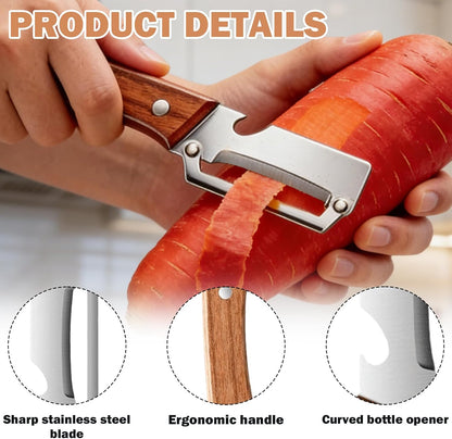 2 Pcs Multi-Functional Vegetable Peeler For Kitchen,Fruit Peeler,Potato Peeler,Stainless Steel Blade,With Wooden Handle And Bottle Opener, Kitchen Peeling Tool For Fruits Potatoes Apples Carrots