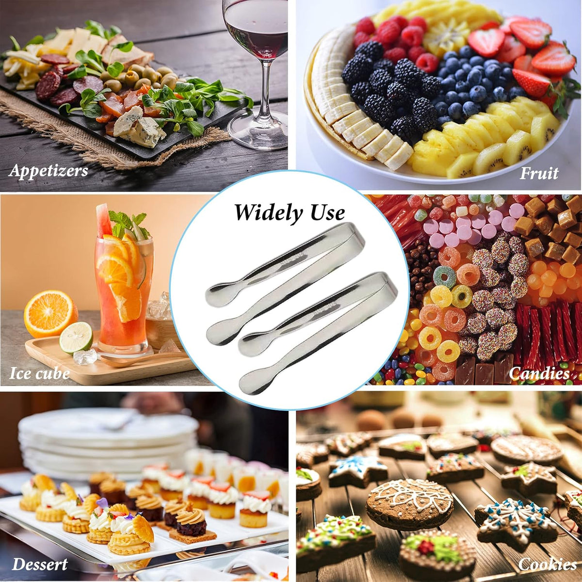 6PCS Ice Tongs Mini Sugar Tongs 4.25Inch Stainless Steel Kitchen Utensils Set,Small Serving Tong and Tiny Kitchen Tong for Appetizers,Tea Party, Coffee Bar, Desserts (Silver)