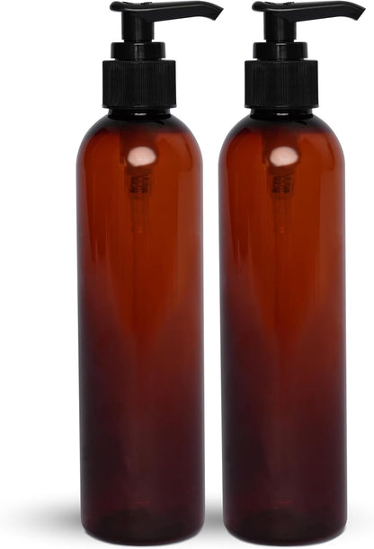 Lotion Pump Bottles, Empty 8 OZ, BPA-Free Refillable Plastic Containers, Amber with Black Dispenser for - Soap, Shampoo, Lotions, Liquid Body Soap, Creams and Massage Oil (2 Pack)