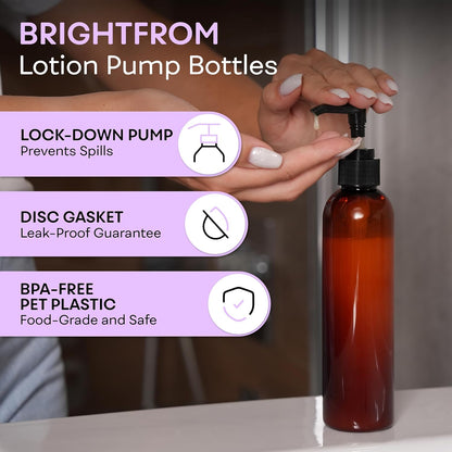Lotion Pump Bottles, Empty 8 OZ, BPA-Free Refillable Plastic Containers, Amber with Black Dispenser for - Soap, Shampoo, Lotions, Liquid Body Soap, Creams and Massage Oil (2 Pack)