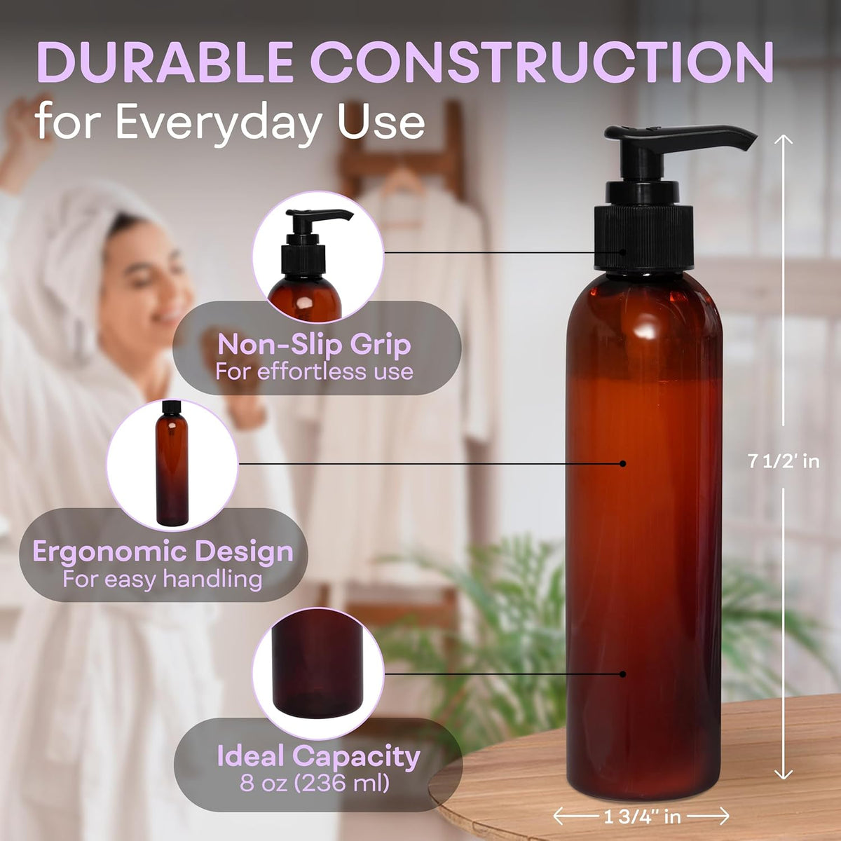 Lotion Pump Bottles, Empty 8 OZ, BPA-Free Refillable Plastic Containers, Amber with Black Dispenser for - Soap, Shampoo, Lotions, Liquid Body Soap, Creams and Massage Oil (2 Pack)