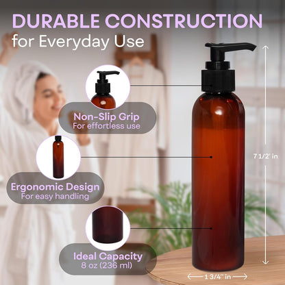 Lotion Pump Bottles, Empty 8 OZ, BPA-Free Refillable Plastic Containers, Amber with Black Dispenser for - Soap, Shampoo, Lotions, Liquid Body Soap, Creams and Massage Oil (2 Pack)