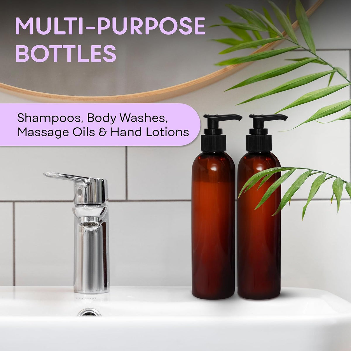 Lotion Pump Bottles, Empty 8 OZ, BPA-Free Refillable Plastic Containers, Amber with Black Dispenser for - Soap, Shampoo, Lotions, Liquid Body Soap, Creams and Massage Oil (2 Pack)