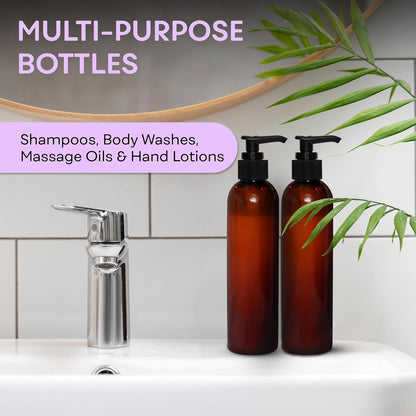 Lotion Pump Bottles, Empty 8 OZ, BPA-Free Refillable Plastic Containers, Amber with Black Dispenser for - Soap, Shampoo, Lotions, Liquid Body Soap, Creams and Massage Oil (2 Pack)