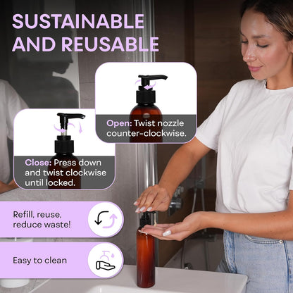 Lotion Pump Bottles, Empty 8 OZ, BPA-Free Refillable Plastic Containers, Amber with Black Dispenser for - Soap, Shampoo, Lotions, Liquid Body Soap, Creams and Massage Oil (2 Pack)