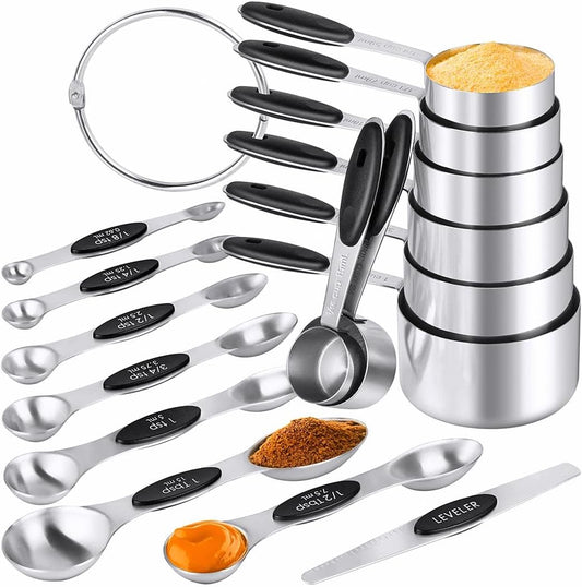 Measuring Cups & Spoons Set of 16, Stainless Steel 8 Nesting Measure Cups Set & 7 double-sided Magnetic Measuring Spoons Set & 1 Leveler for Dry and Liquid Ingredient