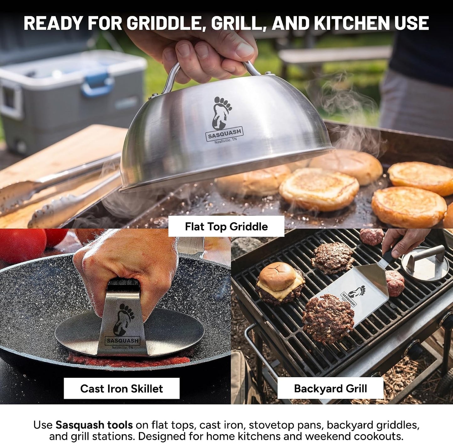 Sasquash Smash Burger Press, Bigfoot 8 Inch Burger Press, 3 Plus Pound Stainless Steel, Heavy Hamburger Smasher Tool, Round For Griddle, Grill, Flat Top, Sandwiches, Steak, Grilling Accessories