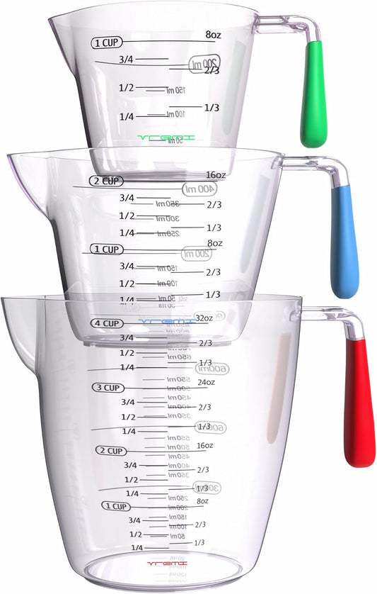Vremi 3 Piece Plastic Measuring Cups Set BPA Free Stackable Measuring Cups | Stackable Measuring Cups with Spout and Decorative Red Blue and Green Handles - includes 1, 2 and 4 Cup