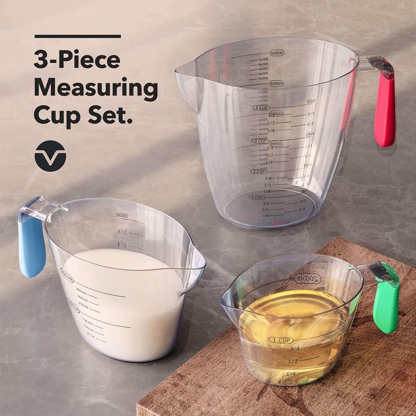 Vremi 3 Piece Plastic Measuring Cups Set BPA Free Stackable Measuring Cups | Stackable Measuring Cups with Spout and Decorative Red Blue and Green Handles - includes 1, 2 and 4 Cup
