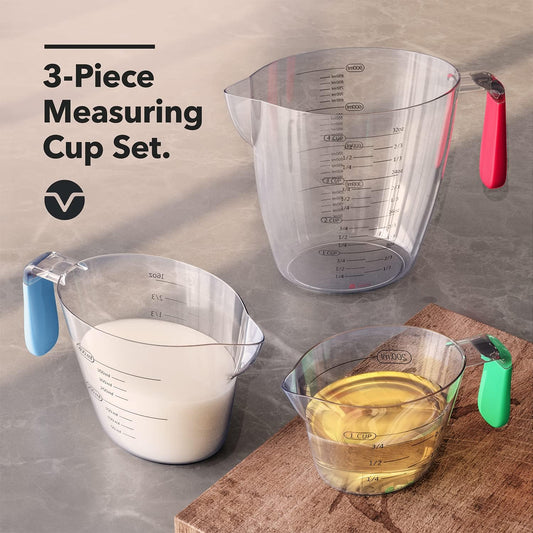 Vremi 3 Piece Plastic Measuring Cups Set BPA Free Stackable Measuring Cups | Stackable Measuring Cups with Spout and Decorative Red Blue and Green Handles - includes 1, 2 and 4 Cup