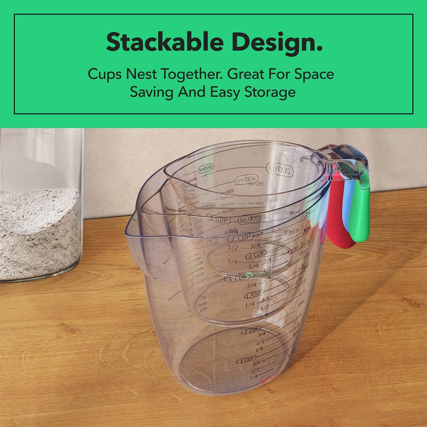 Vremi 3 Piece Plastic Measuring Cups Set BPA Free Stackable Measuring Cups | Stackable Measuring Cups with Spout and Decorative Red Blue and Green Handles - includes 1, 2 and 4 Cup