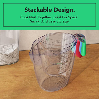 Vremi 3 Piece Plastic Measuring Cups Set BPA Free Stackable Measuring Cups | Stackable Measuring Cups with Spout and Decorative Red Blue and Green Handles - includes 1, 2 and 4 Cup