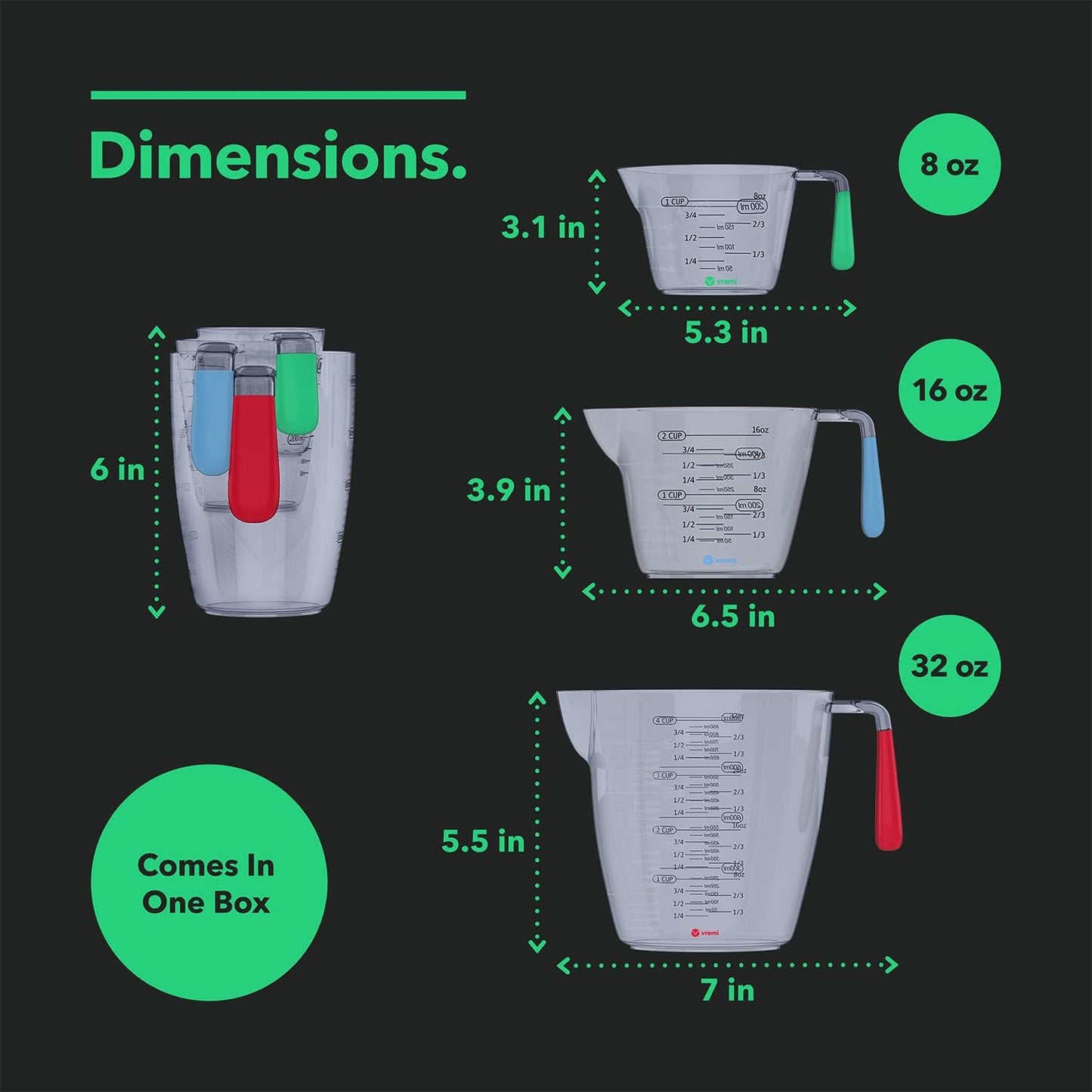 Vremi 3 Piece Plastic Measuring Cups Set BPA Free Stackable Measuring Cups | Stackable Measuring Cups with Spout and Decorative Red Blue and Green Handles - includes 1, 2 and 4 Cup