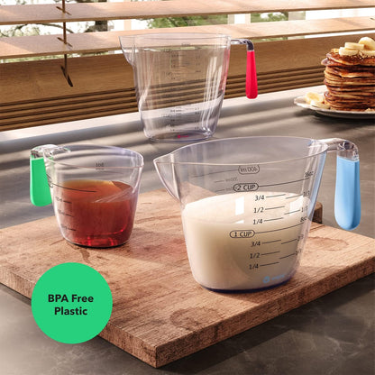 Vremi 3 Piece Plastic Measuring Cups Set BPA Free Stackable Measuring Cups | Stackable Measuring Cups with Spout and Decorative Red Blue and Green Handles - includes 1, 2 and 4 Cup