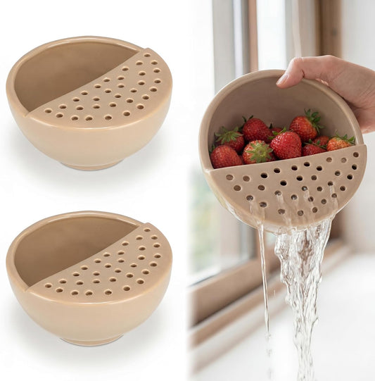 Ceramic Berry Basket with Holes Set of 2 Ceramic Fruit Container 2 In 1 Washing Bowl 6'' Strainer Bowl Fruit Bowls Colander for Kitchen Strawberry Grape Cherry Stoneware Fridge Harvest Bowls