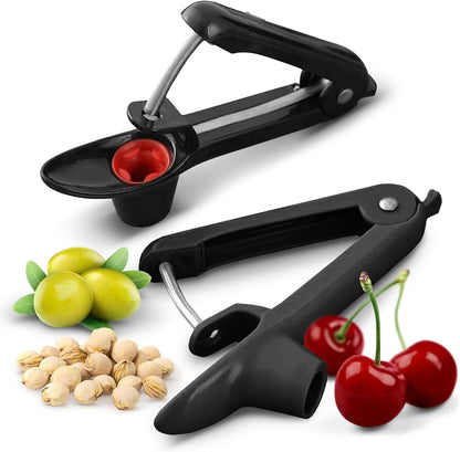 Stainless Steel Cherry and Olive Pitter – Small Cherry Pitter Tool for Easy Seed Removal, Pit Remover & Olive Press, Ergonomic One-Hand Design for Quick and Mess-Free Pitting,Black