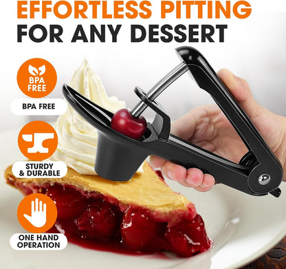 Stainless Steel Cherry and Olive Pitter – Small Cherry Pitter Tool for Easy Seed Removal, Pit Remover & Olive Press, Ergonomic One-Hand Design for Quick and Mess-Free Pitting,Black