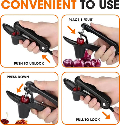 Stainless Steel Cherry and Olive Pitter – Small Cherry Pitter Tool for Easy Seed Removal, Pit Remover & Olive Press, Ergonomic One-Hand Design for Quick and Mess-Free Pitting,Black
