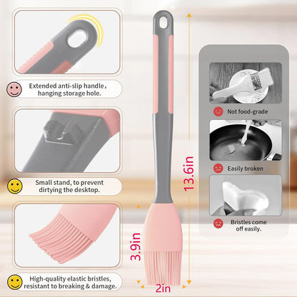 Extra Long Pastry Brush - Silicone Spatula - Basting Brush+Spatula Silicone Heat Resistant,for Baking Scraping Mixing BBQ Grill Kitchen Cooking Spread Oil Butter Sauce (Pink Brush+Spatula)